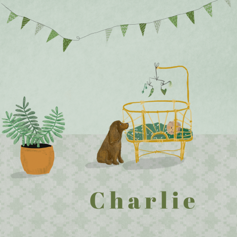 Geboortekaartje met wiegje hond in groene babykamer