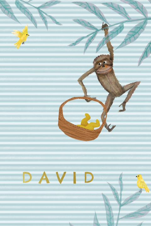 Geboortekaartje aapje, bladeren en baby in een wiegje
