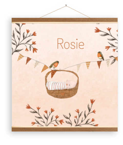 Canvasposter roodborstjes en baby in mandje
