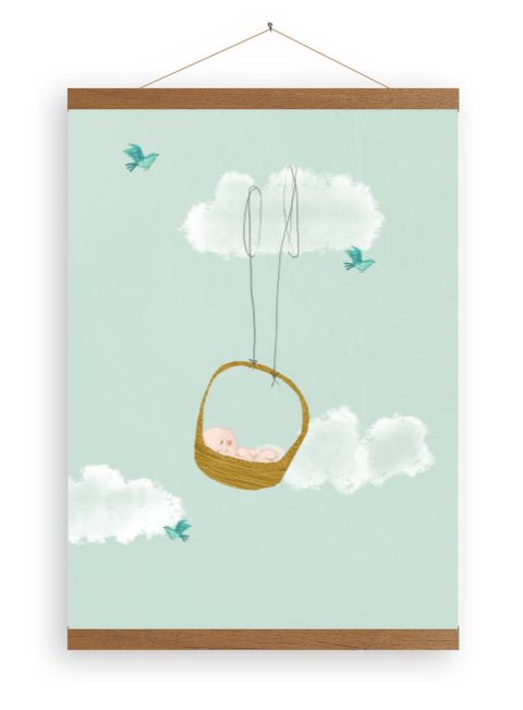 Canvasposter met baby in een mandje in de wolken