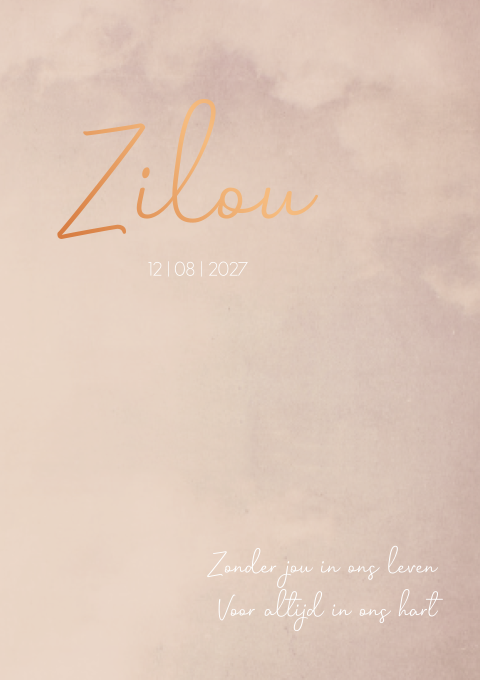 Rouwkaart meisje zalmroze gewolkt koperfolie