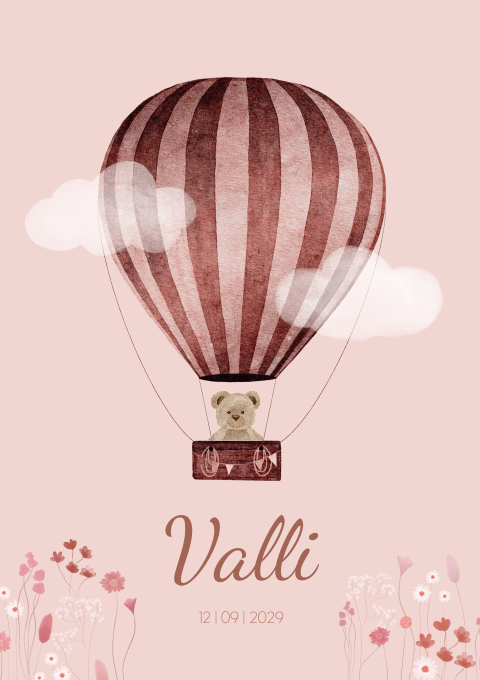 Geboortekaart Meisje Luchtballon teddybeertje Wolkjes
