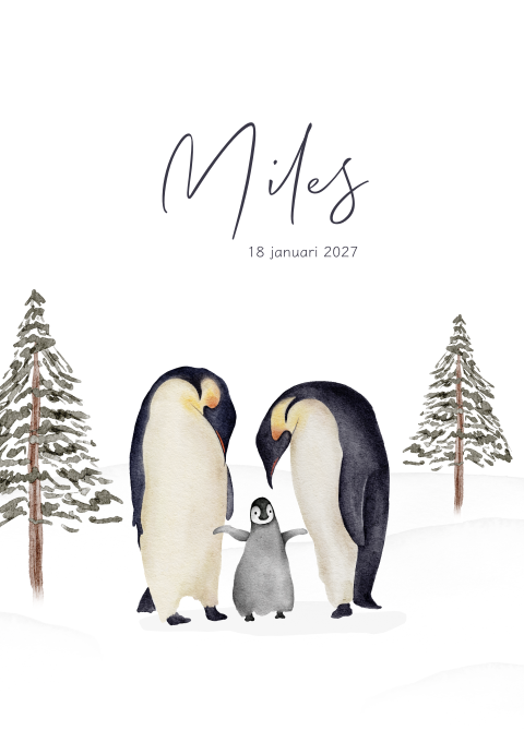 Geboortekaartje Pinguin Winter Waterverf