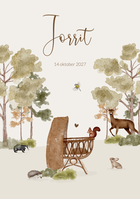 Geboortekaartje Jongen Herfst Wieg Waterverf Bosdieren