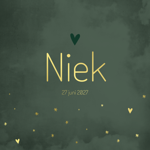 Geboortekaartje donkergroen goud hartjes sterretjes