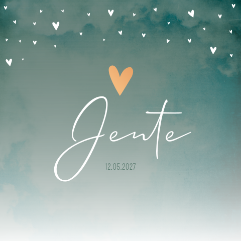 Geboortekaartje romantisch groen gewolkt hartjes