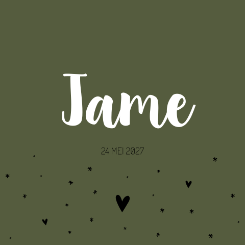 Geboortekaartje legergroen zwart hartjes sterretjes